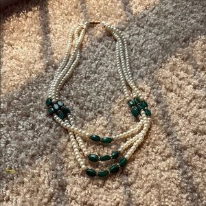 Elegant Pearl and Green Bead Necklace
